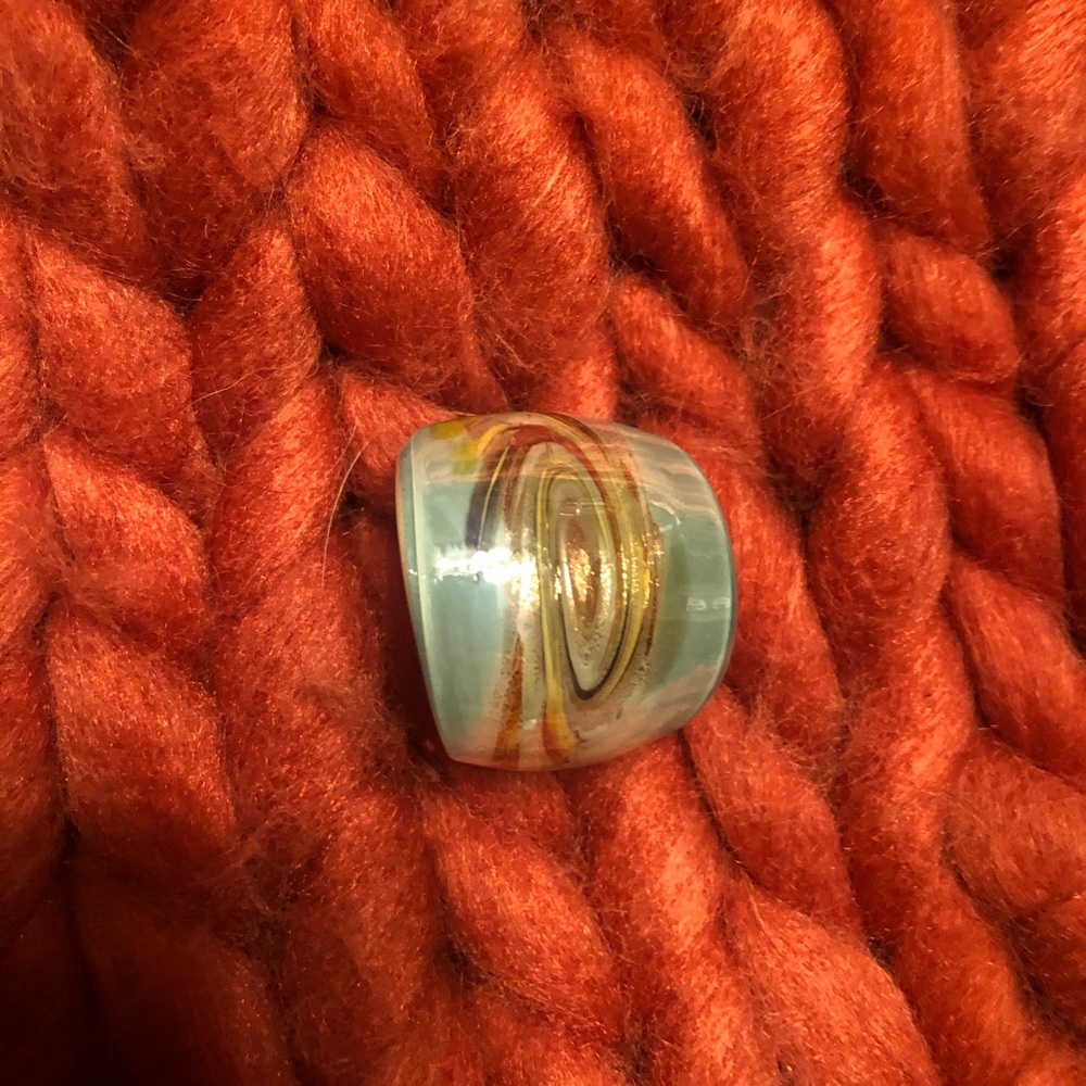 Beautiful aqua colored glass ring with swirls of gold/yellow/orange. Size 6-7.